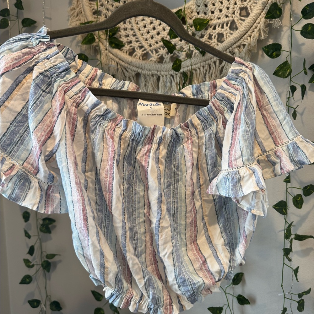 Ocean Drive Blue and Pink Ruffled Smocked Blouse